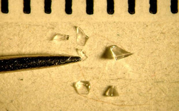 Glass fragments along side the point of a pin