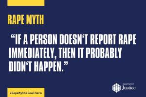 Graphic with blue background and the words: "Rape Myth. If a person doesn't report rape immediately, then it probably didn't happen."
