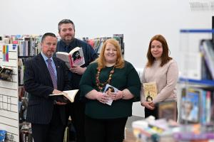 Marking Book Week NI (21–27 Oct), Justice Minister Naomi Long is pictured at Hydebank Wood College library with Governor Richard Taylor, Activities & PDU Governor Chris Douglas and Maria O’Neill, Head of Learning and Skills, Belfast Met.