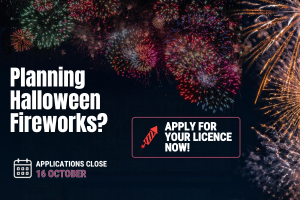 Graphic with dark background and images of fireworks 